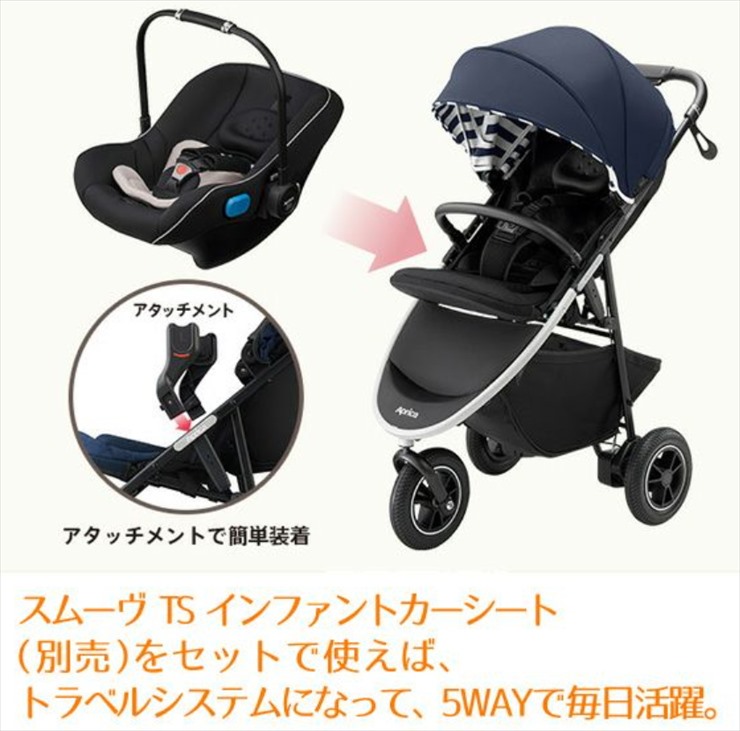 送料無料 スムーヴAD ネイビーボーダーNV 2084455 アップリカ 背面固定 3輪ベビーカー 生後1カ月～ クリーニング済み  D1415503msキッズファン